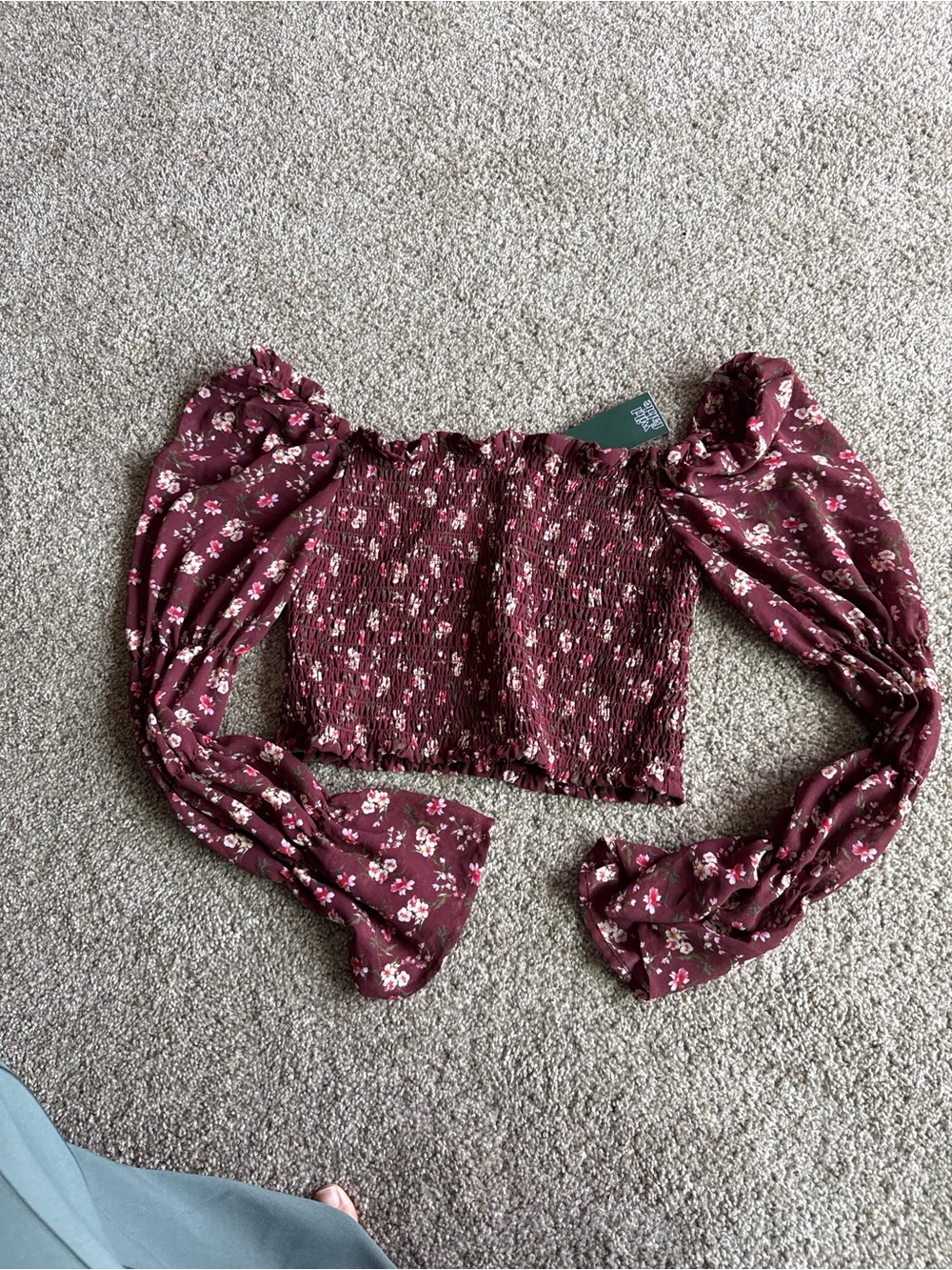 wild fable Burgundy Floral Smocked Off-Shoulder Crop Top